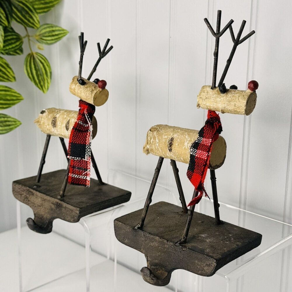 2 Christmas Reindeer Stocking Holder Hanger Cast Metal Resin Rustic Farmhouse